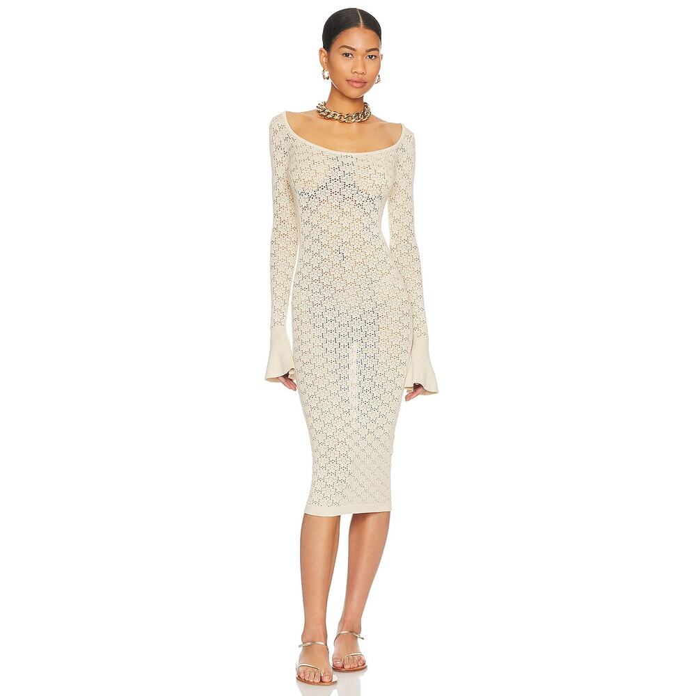 Tularosa Netia Midi Dress Tan Knit Stretch Pullover Semi-Sheer Long Sleeve Sz L
